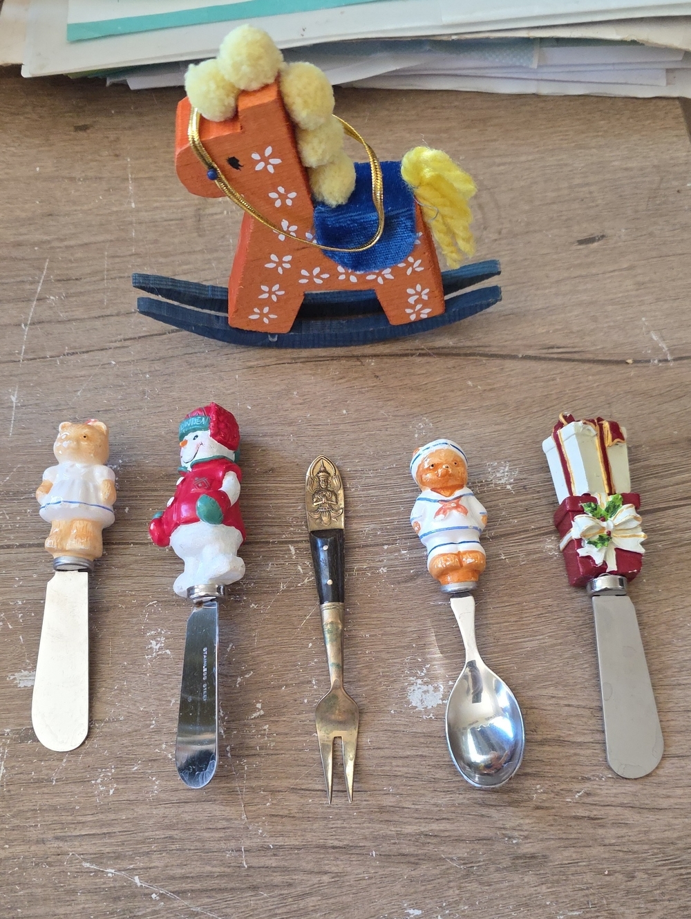 Wooden Orange & Blue Rocking Horse Toy with Yellow Mane